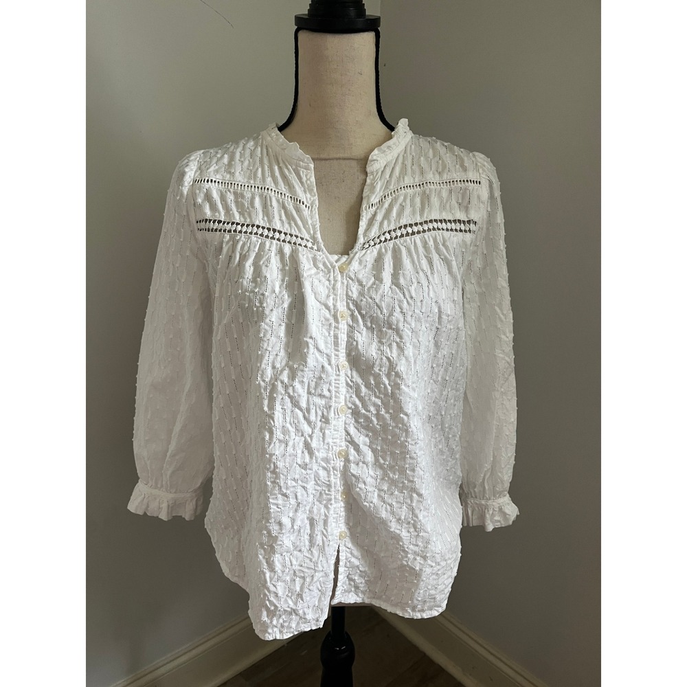 White Cotton Boho Blouse XS Ruffle 3/4 Sleeve Cottagecore Romantic Office Top